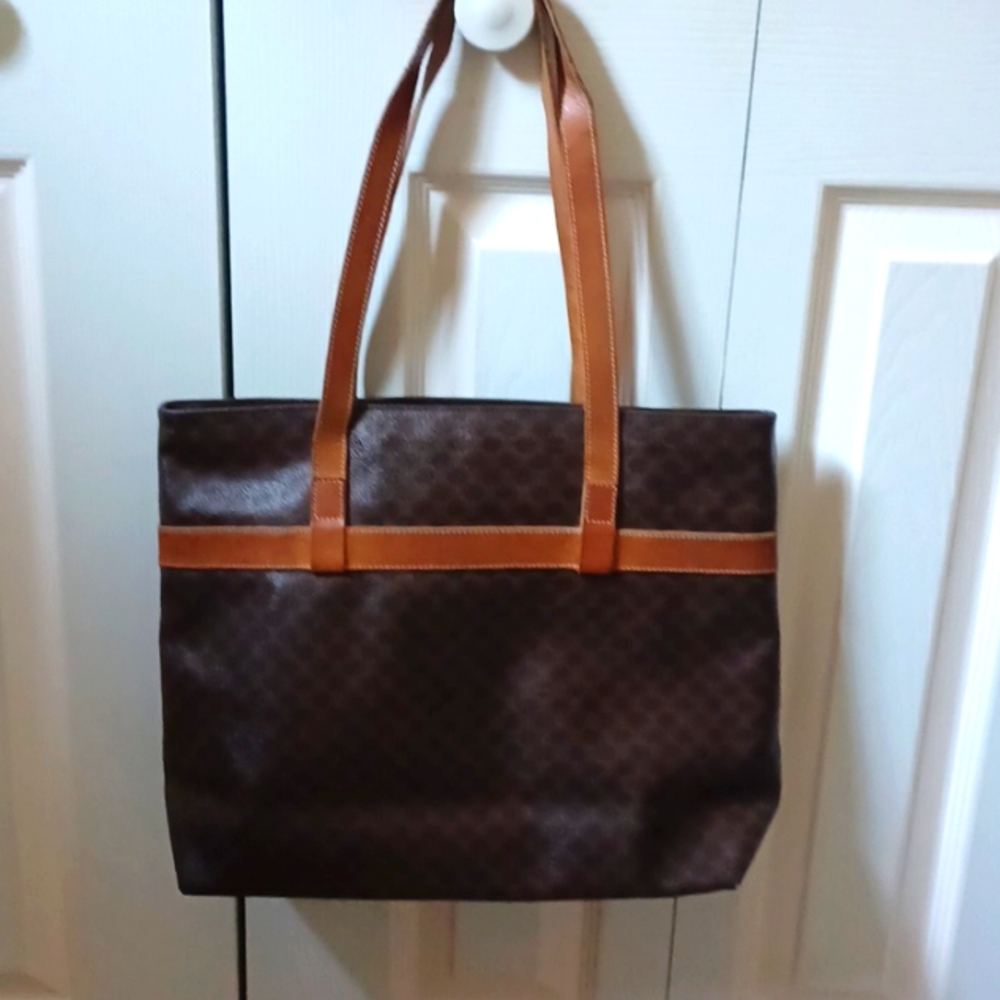 Celine Vintage Macadam Canvas PVC Tote Bag w/Brown Leather